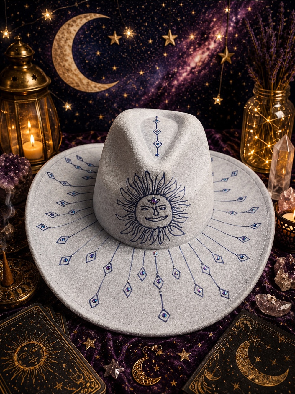 Engraved Sun blue vegan suede cowboy hat